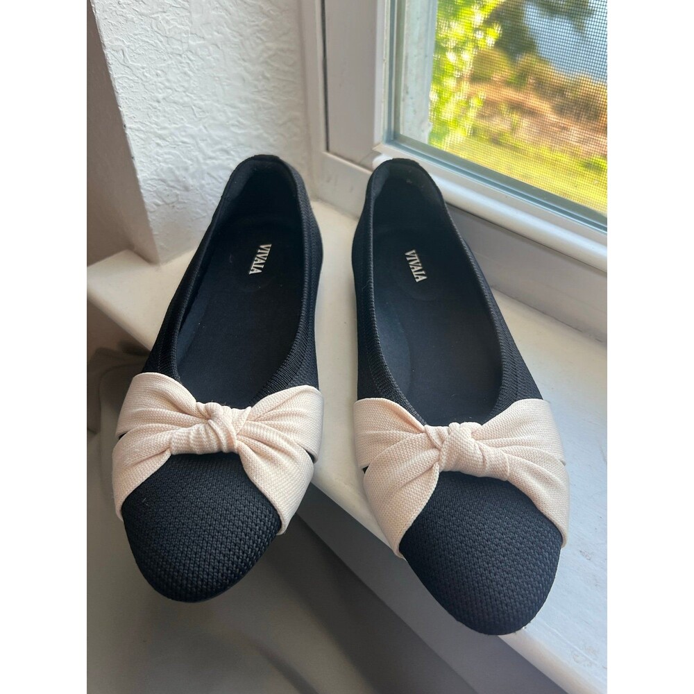 VIVAIA Bibi Almond Toe Knotted Bow Tie Flat Shoes in Black & Cream Women’s 38.5 - Picture 3 of 12